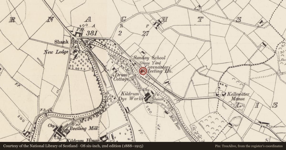Ordnance Survey six-inch map, 2nd edition (1888–1915) covering the location of Kellswater Reformed Presbyterian Church, Mid and East Antrim, with a pin at the register's coordinates