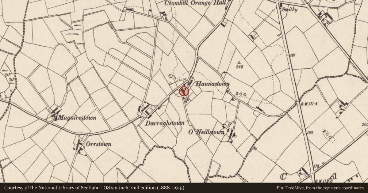 Ordnance Survey six-inch map, 2nd edition (1888–1915) covering the location of 39 Cockhill Road, Cromkill, Mid and East Antrim, with a pin at the register's coordinates