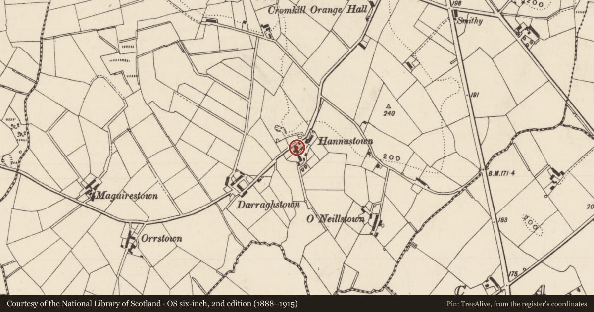 Ordnance Survey six-inch map, 2nd edition (1888–1915) covering the location of 37 Cockhill Road, Cromkill, Mid and East Antrim, with a pin at the register's coordinates