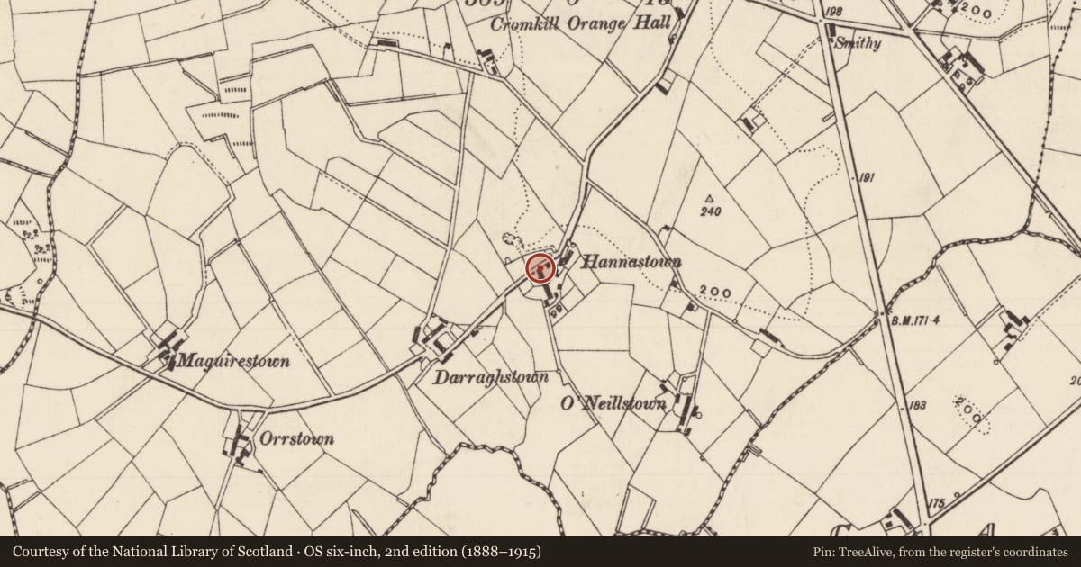Ordnance Survey six-inch map, 2nd edition (1888–1915) covering the location of 37b Cockhill Road (North of 37), Cromkill, Mid and East Antrim, with a pin at the register's coordinates