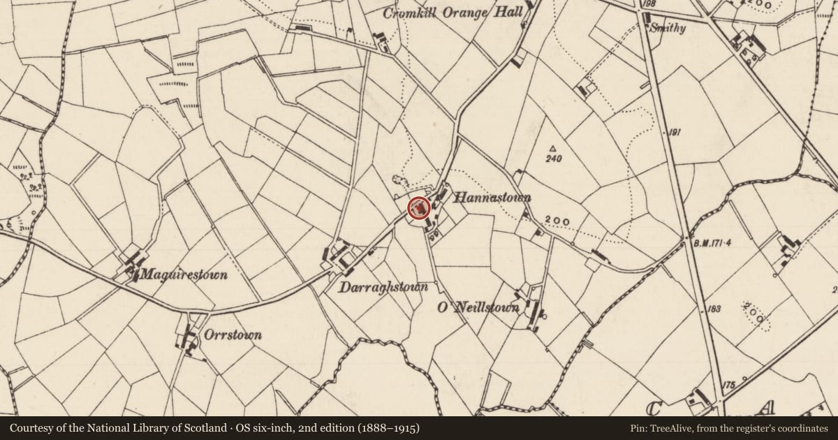 Ordnance Survey six-inch map, 2nd edition (1888–1915) covering the location of Former number 35 Cockhill Road, Cromkill, Mid and East Antrim, with a pin at the register's coordinates