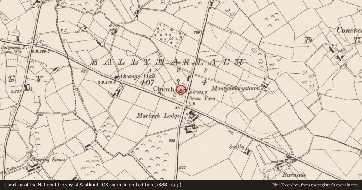 Ordnance Survey six-inch map, 2nd edition (1888–1915) covering the location of St. Patrick'S C OF I CHURCH, Mid and East Antrim, with a pin at the register's coordinates