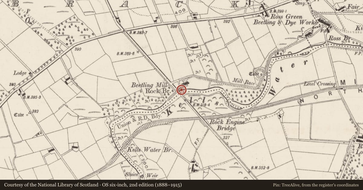 Ordnance Survey six-inch map, 2nd edition (1888–1915) covering the location of Rock Bridge Over The Kells Water, Mid and East Antrim, with a pin at the register's coordinates