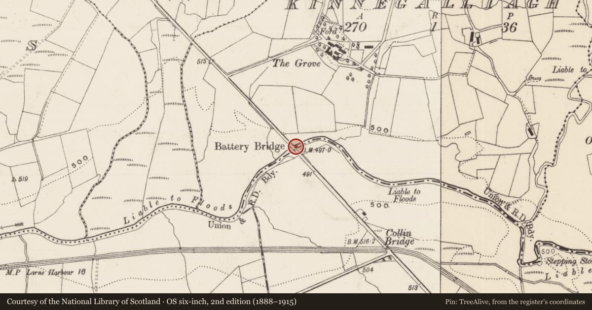 Ordnance Survey six-inch map, 2nd edition (1888–1915) covering the location of Battery Bridge Over The Glenwhirry River, Mid and East Antrim, with a pin at the register's coordinates