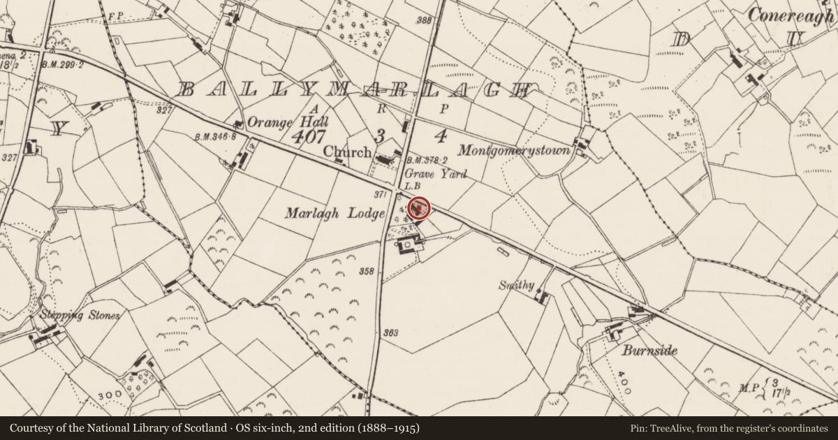 Ordnance Survey six-inch map, 2nd edition (1888–1915) covering the location of Marlagh Lodge, Ballymarlagh, Mid and East Antrim, with a pin at the register's coordinates