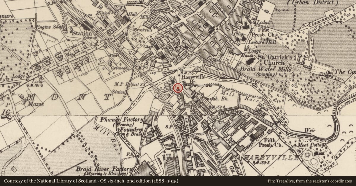 Ordnance Survey six-inch map, 2nd edition (1888–1915) covering the location of 1 Henry St, Mid and East Antrim, with a pin at the register's coordinates
