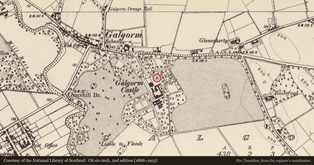 Ordnance Survey six-inch map, 2nd edition (1888–1915) covering the location of Galgorm Castle, Mid and East Antrim, with a pin at the register's coordinates