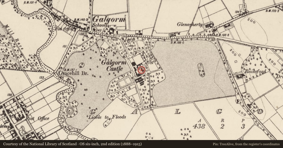 Ordnance Survey six-inch map, 2nd edition (1888–1915) covering the location of Outer Courtyard Buildings and Gate Screen at Galgorm Castle, Mid and East Antrim, with a pin at the register's coordinates