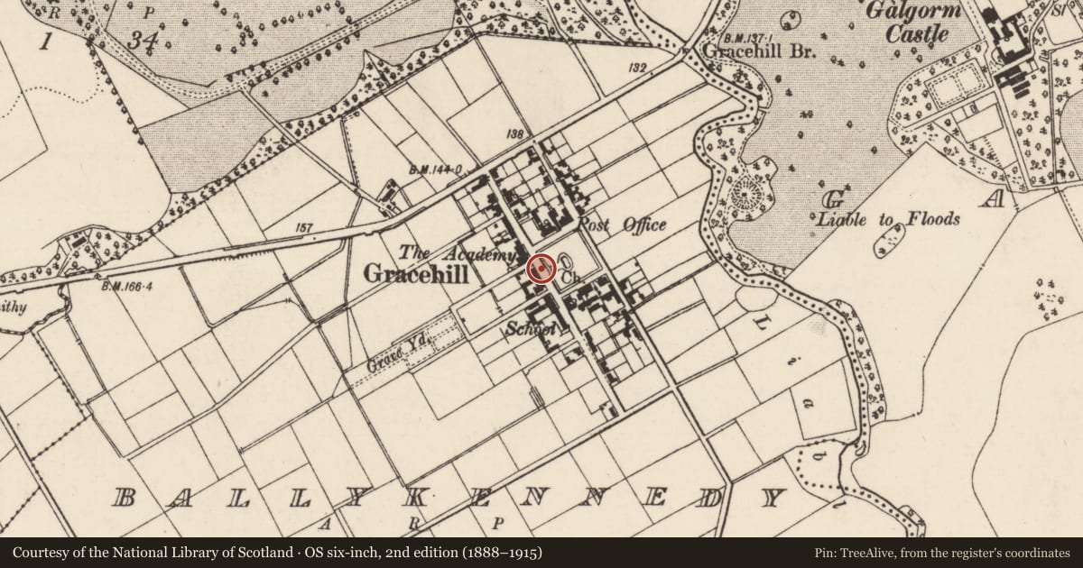 Ordnance Survey six-inch map, 2nd edition (1888–1915) covering the location of Moravian Church And 21 AND 25 Church Road, Mid and East Antrim, with a pin at the register's coordinates