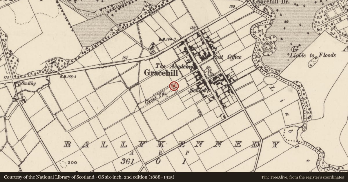 Ordnance Survey six-inch map, 2nd edition (1888–1915) covering the location of Early Memorials In Graveyard Of Moravian Church, Mid and East Antrim, with a pin at the register's coordinates