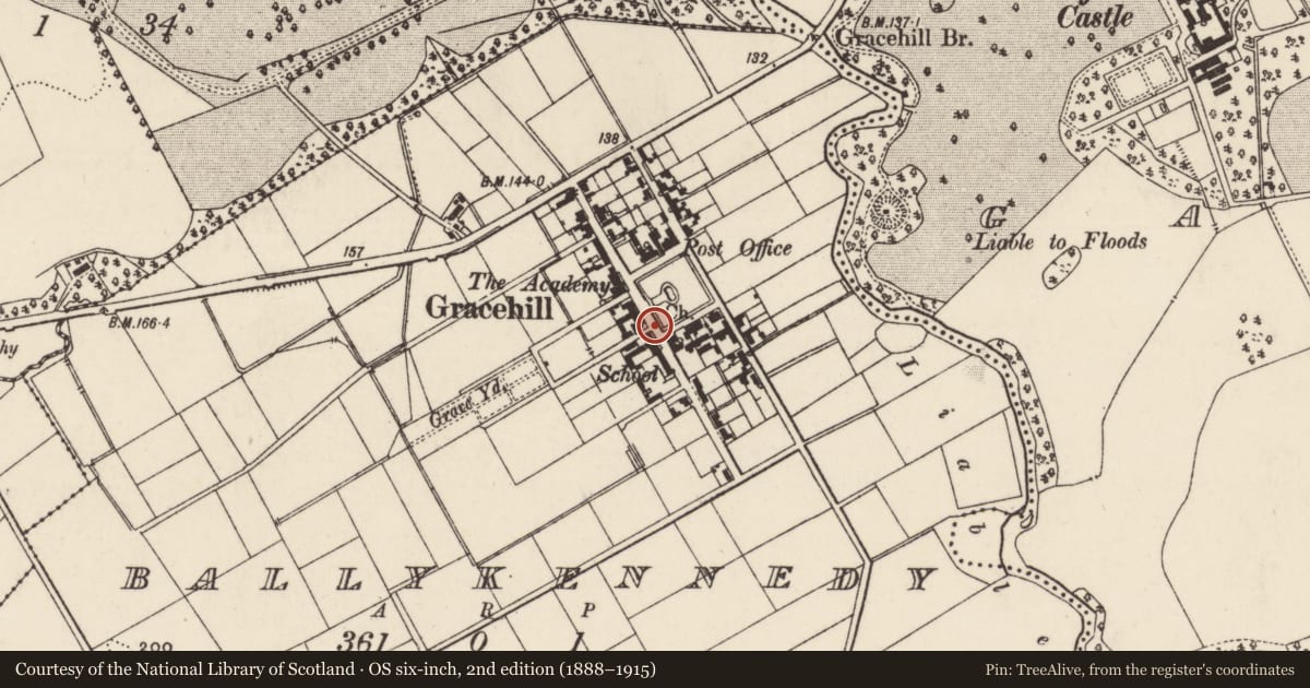 Ordnance Survey six-inch map, 2nd edition (1888–1915) covering the location of 27 Church Road, Mid and East Antrim, with a pin at the register's coordinates