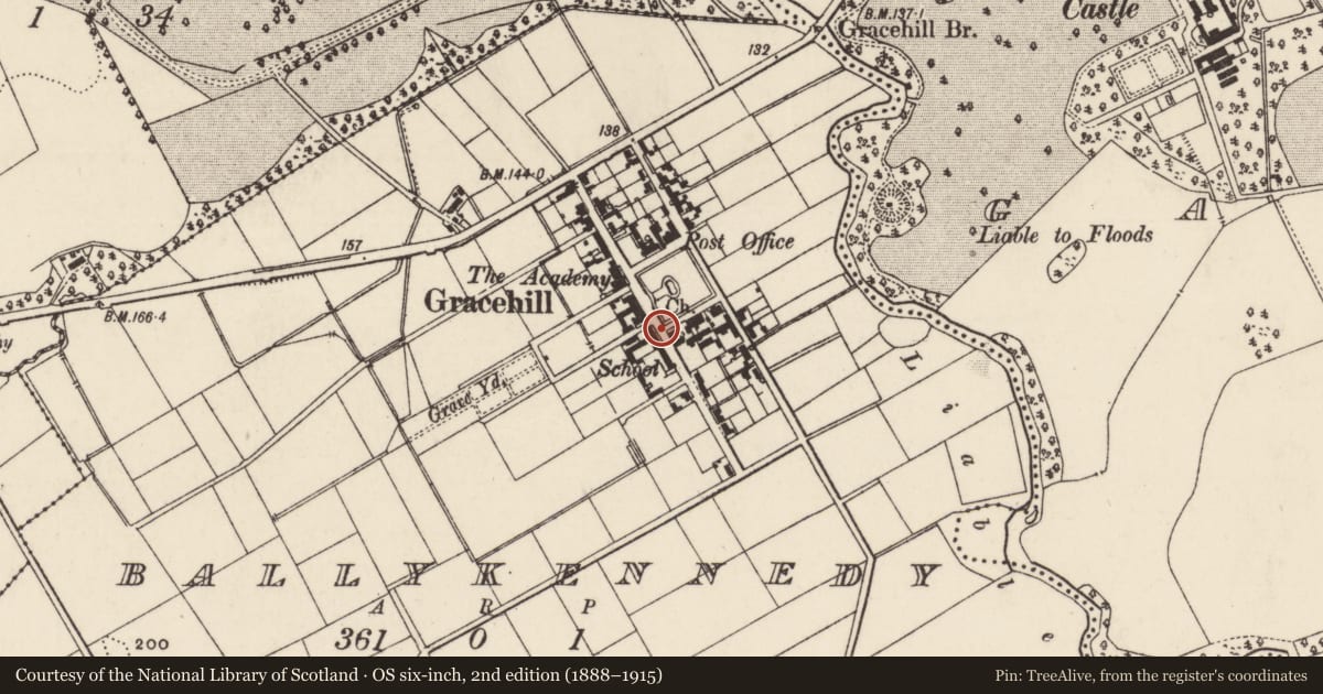 Ordnance Survey six-inch map, 2nd edition (1888–1915) covering the location of 29 Church Road, Mid and East Antrim, with a pin at the register's coordinates