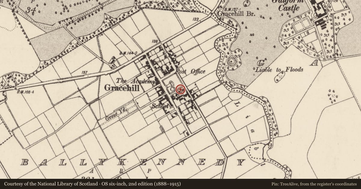 Ordnance Survey six-inch map, 2nd edition (1888–1915) covering the location of Post Office, Mid and East Antrim, with a pin at the register's coordinates