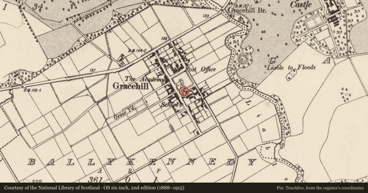 Ordnance Survey six-inch map, 2nd edition (1888–1915) covering the location of 2 Montgomery St., Mid and East Antrim, with a pin at the register's coordinates
