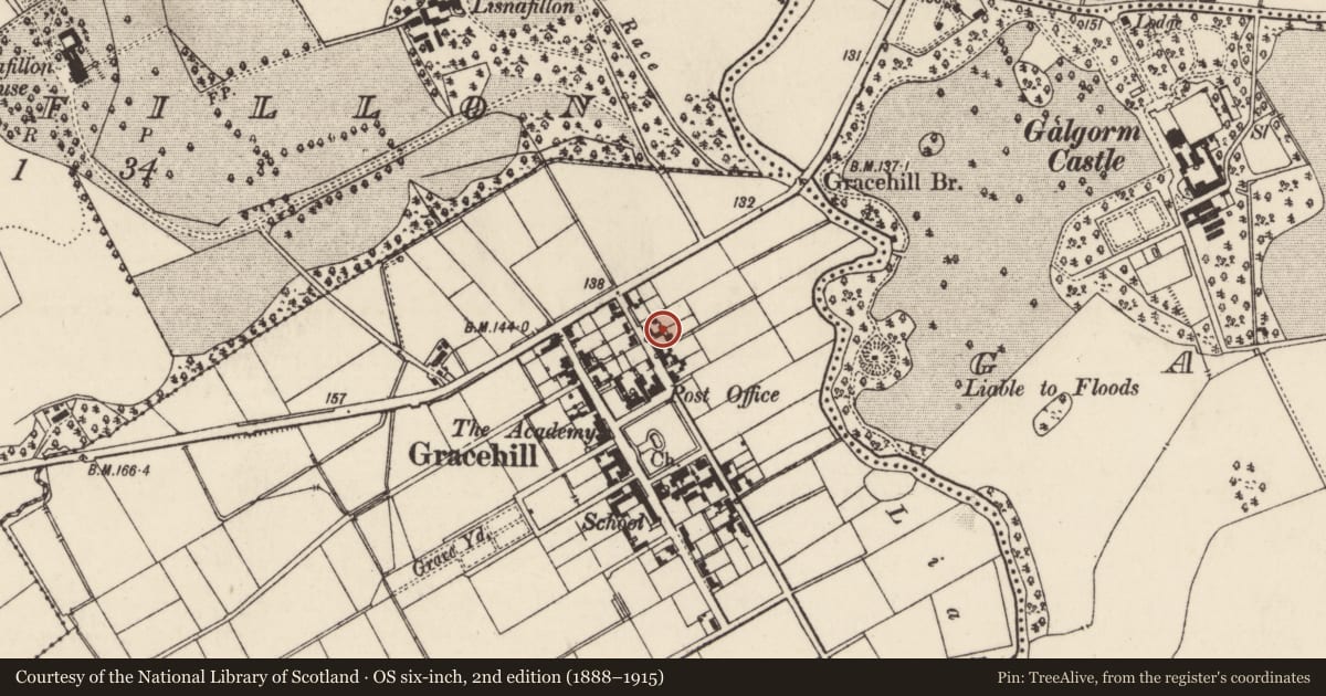 Ordnance Survey six-inch map, 2nd edition (1888–1915) covering the location of 14-18 Cennick St., Mid and East Antrim, with a pin at the register's coordinates
