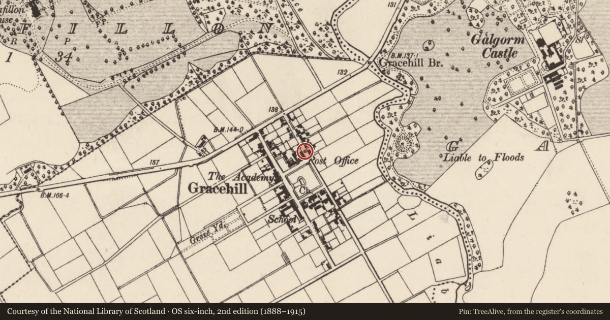 Ordnance Survey six-inch map, 2nd edition (1888–1915) covering the location of 1 Academy St., Mid and East Antrim, with a pin at the register's coordinates