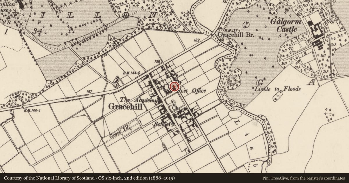 Ordnance Survey six-inch map, 2nd edition (1888–1915) covering the location of 3 Academy St., Mid and East Antrim, with a pin at the register's coordinates