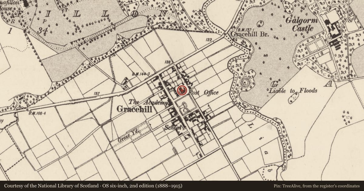 Ordnance Survey six-inch map, 2nd edition (1888–1915) covering the location of 5 Academy St., Mid and East Antrim, with a pin at the register's coordinates