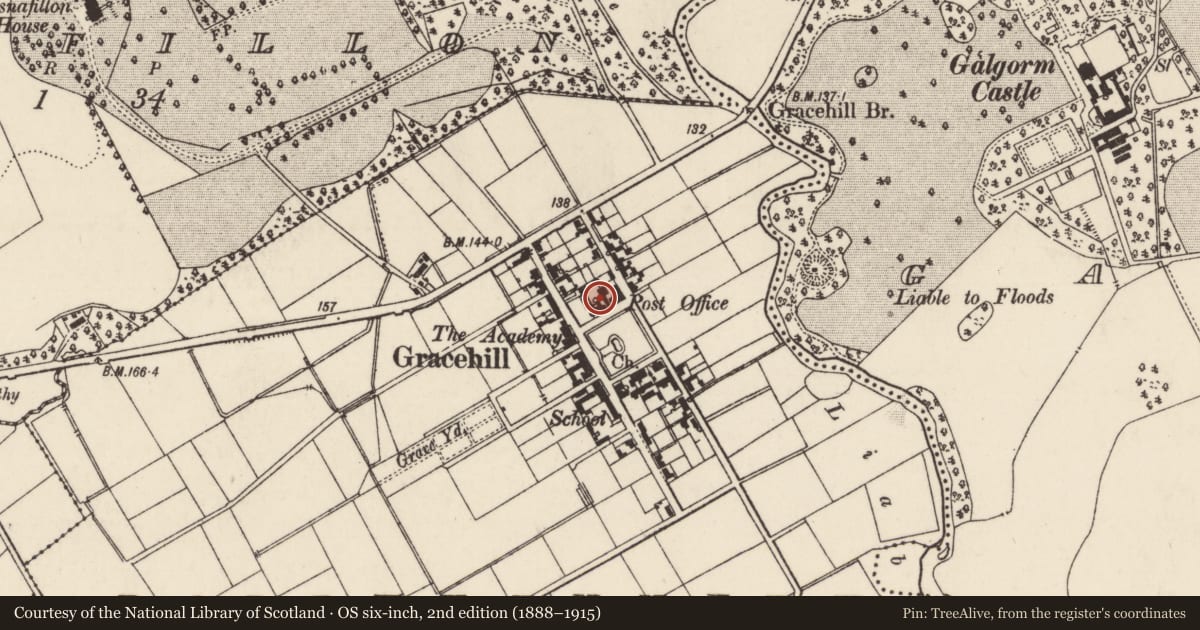 Ordnance Survey six-inch map, 2nd edition (1888–1915) covering the location of 7 Academy St., Mid and East Antrim, with a pin at the register's coordinates
