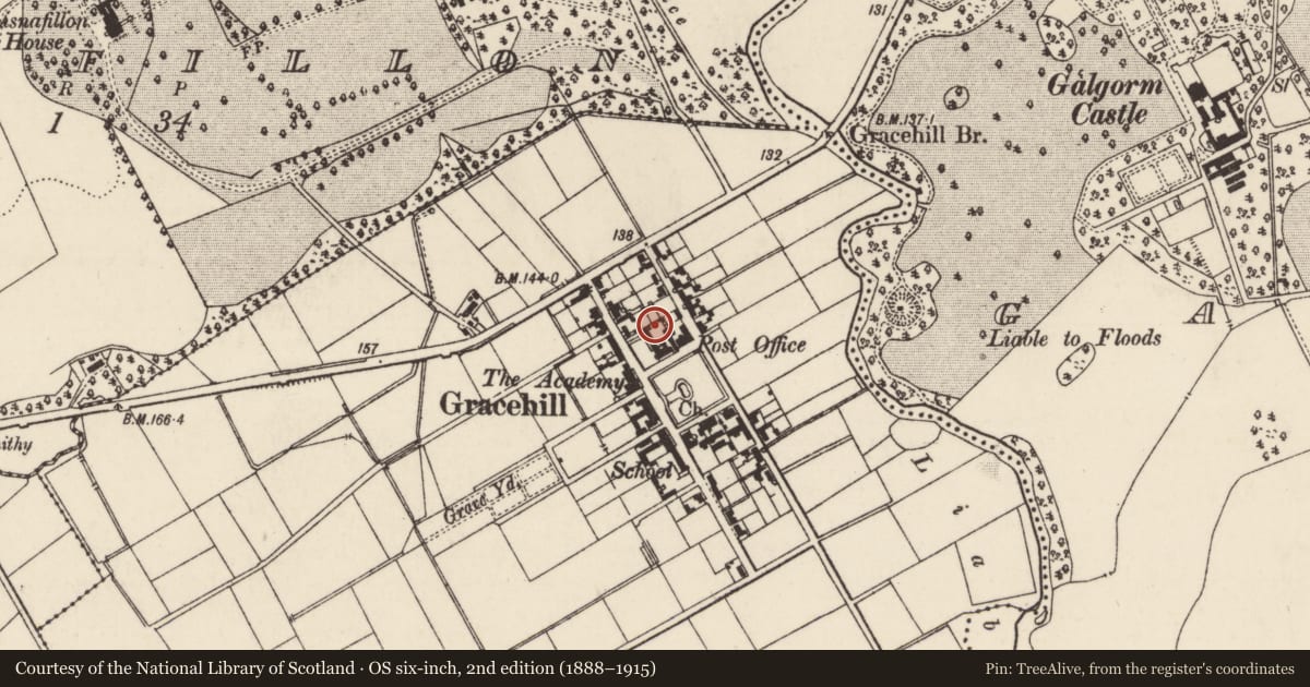Ordnance Survey six-inch map, 2nd edition (1888–1915) covering the location of 14 Church Road, Mid and East Antrim, with a pin at the register's coordinates