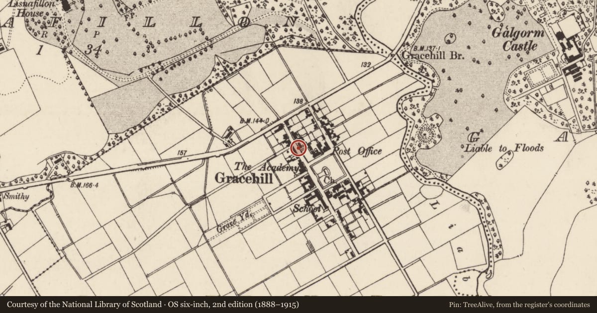 Ordnance Survey six-inch map, 2nd edition (1888–1915) covering the location of 15 Church Road, Mid and East Antrim, with a pin at the register's coordinates