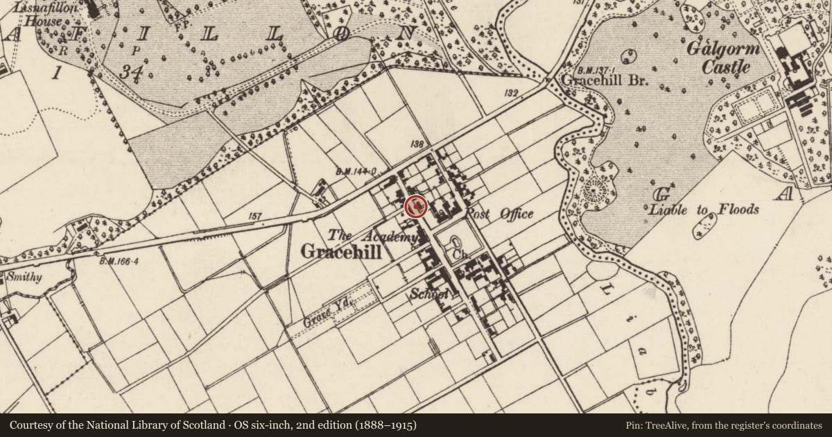Ordnance Survey six-inch map, 2nd edition (1888–1915) covering the location of 13 Church Road, Mid and East Antrim, with a pin at the register's coordinates