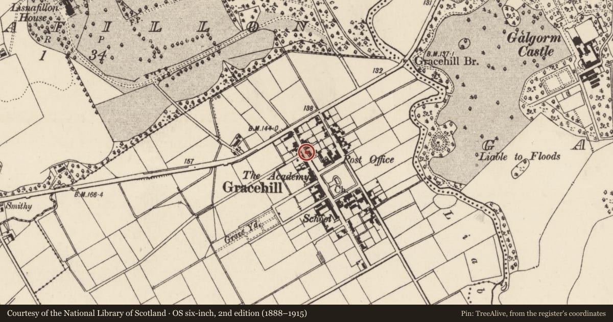 Ordnance Survey six-inch map, 2nd edition (1888–1915) covering the location of 11 Church Road, Mid and East Antrim, with a pin at the register's coordinates