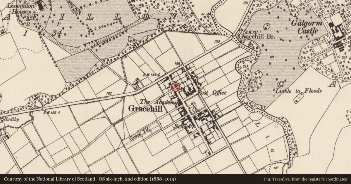 Ordnance Survey six-inch map, 2nd edition (1888–1915) covering the location of 9 Church Road, Mid and East Antrim, with a pin at the register's coordinates
