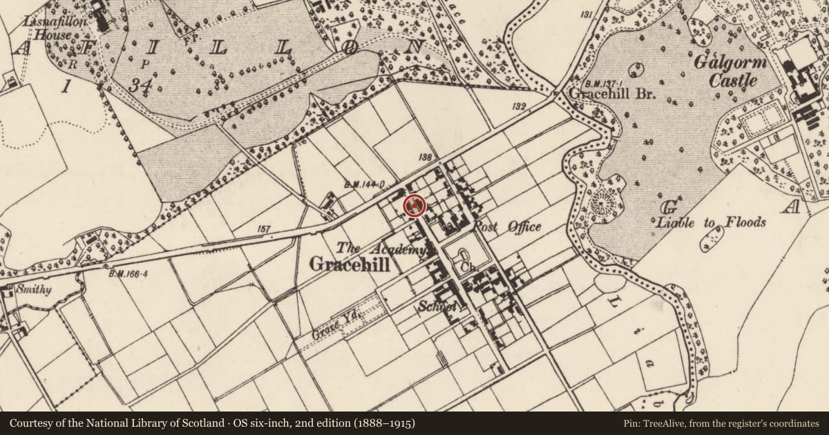 Ordnance Survey six-inch map, 2nd edition (1888–1915) covering the location of 5 Church Road, Mid and East Antrim, with a pin at the register's coordinates