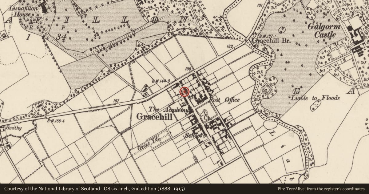 Ordnance Survey six-inch map, 2nd edition (1888–1915) covering the location of 7 Church Road, Mid and East Antrim, with a pin at the register's coordinates