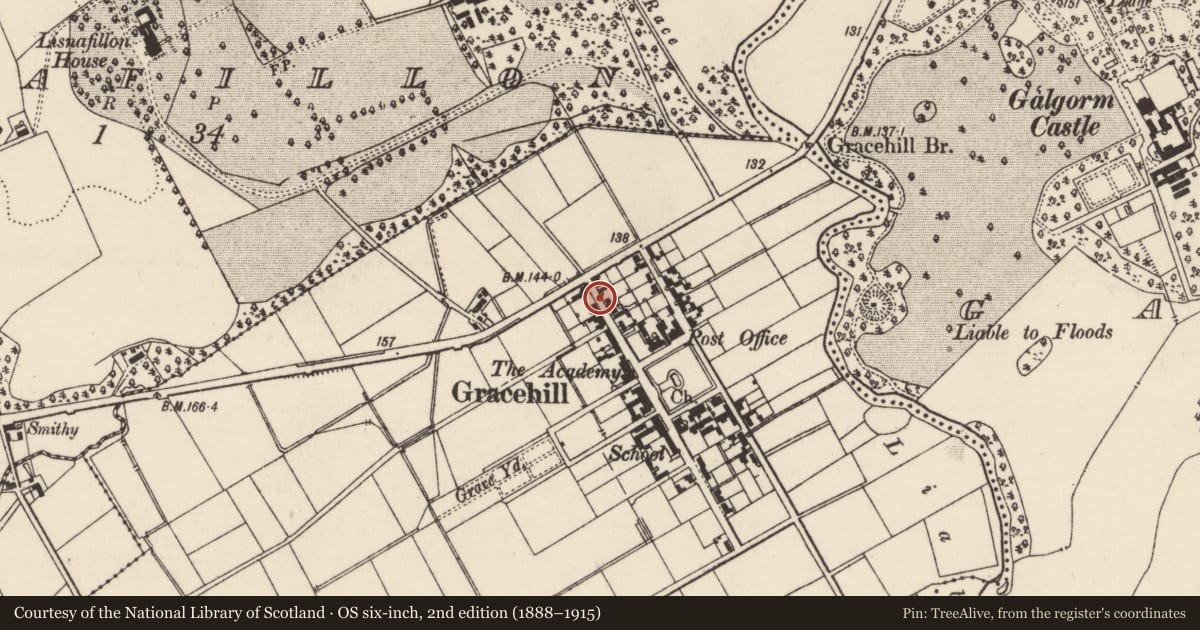 Ordnance Survey six-inch map, 2nd edition (1888–1915) covering the location of 3A, B, C AND D Church Road, Mid and East Antrim, with a pin at the register's coordinates