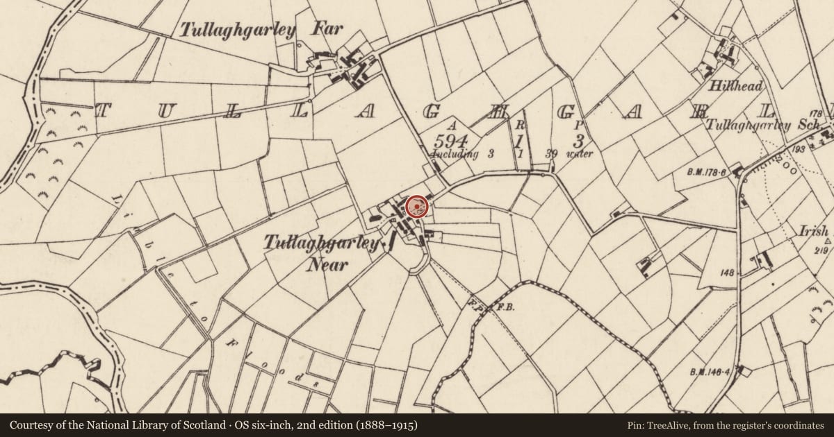 Ordnance Survey six-inch map, 2nd edition (1888–1915) covering the location of Thatched Dwelling, Mid and East Antrim, with a pin at the register's coordinates