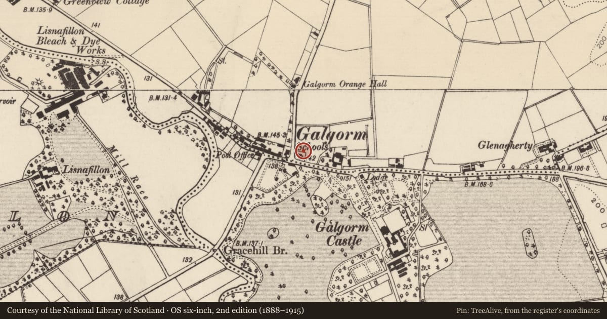 Ordnance Survey six-inch map, 2nd edition (1888–1915) covering the location of Former School, Mid and East Antrim, with a pin at the register's coordinates