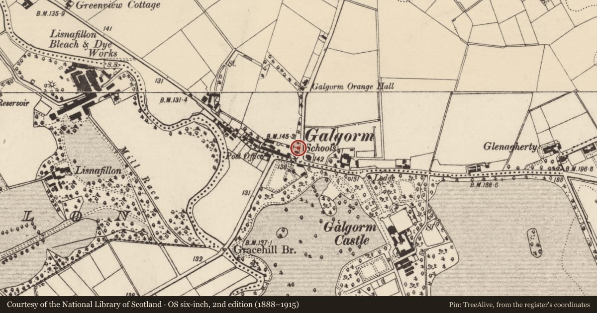 Ordnance Survey six-inch map, 2nd edition (1888–1915) covering the location of Former School, Mid and East Antrim, with a pin at the register's coordinates