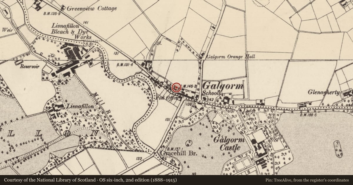 Ordnance Survey six-inch map, 2nd edition (1888–1915) covering the location of 15 Fenaghy Road, Mid and East Antrim, with a pin at the register's coordinates