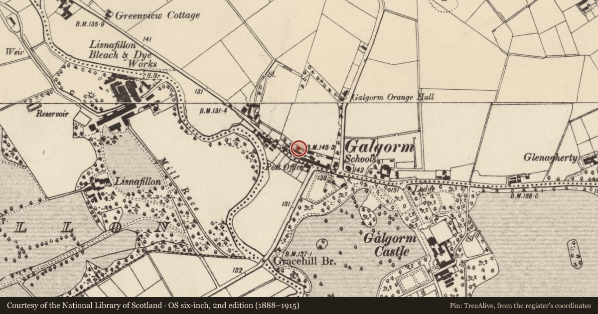 Ordnance Survey six-inch map, 2nd edition (1888–1915) covering the location of 17 Fenaghy Road, Mid and East Antrim, with a pin at the register's coordinates