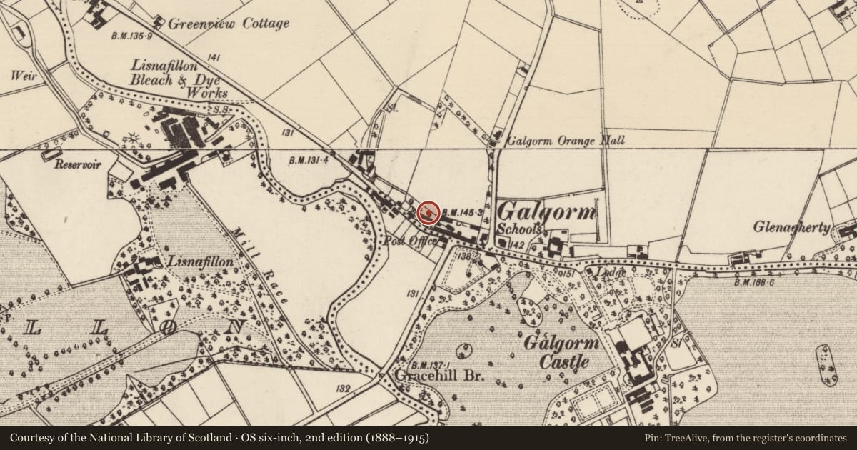 Ordnance Survey six-inch map, 2nd edition (1888–1915) covering the location of 19 Fenaghy Road, Mid and East Antrim, with a pin at the register's coordinates