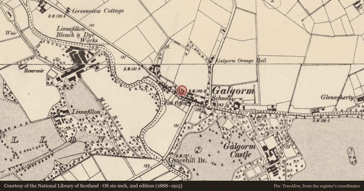 Ordnance Survey six-inch map, 2nd edition (1888–1915) covering the location of 21 Fenaghy Road, Mid and East Antrim, with a pin at the register's coordinates
