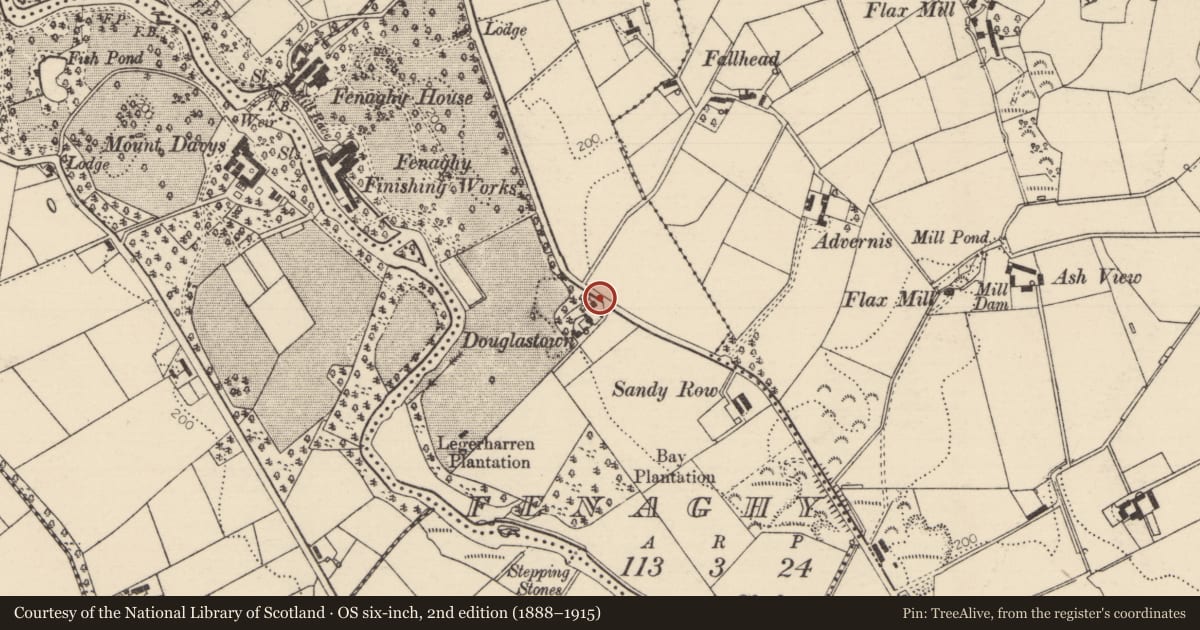 Ordnance Survey six-inch map, 2nd edition (1888–1915) covering the location of DOUGLASTOWN, Mid and East Antrim, with a pin at the register's coordinates
