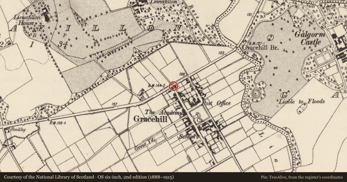Ordnance Survey six-inch map, 2nd edition (1888–1915) covering the location of 1 Church Road, Ballykennedy, Mid and East Antrim, with a pin at the register's coordinates
