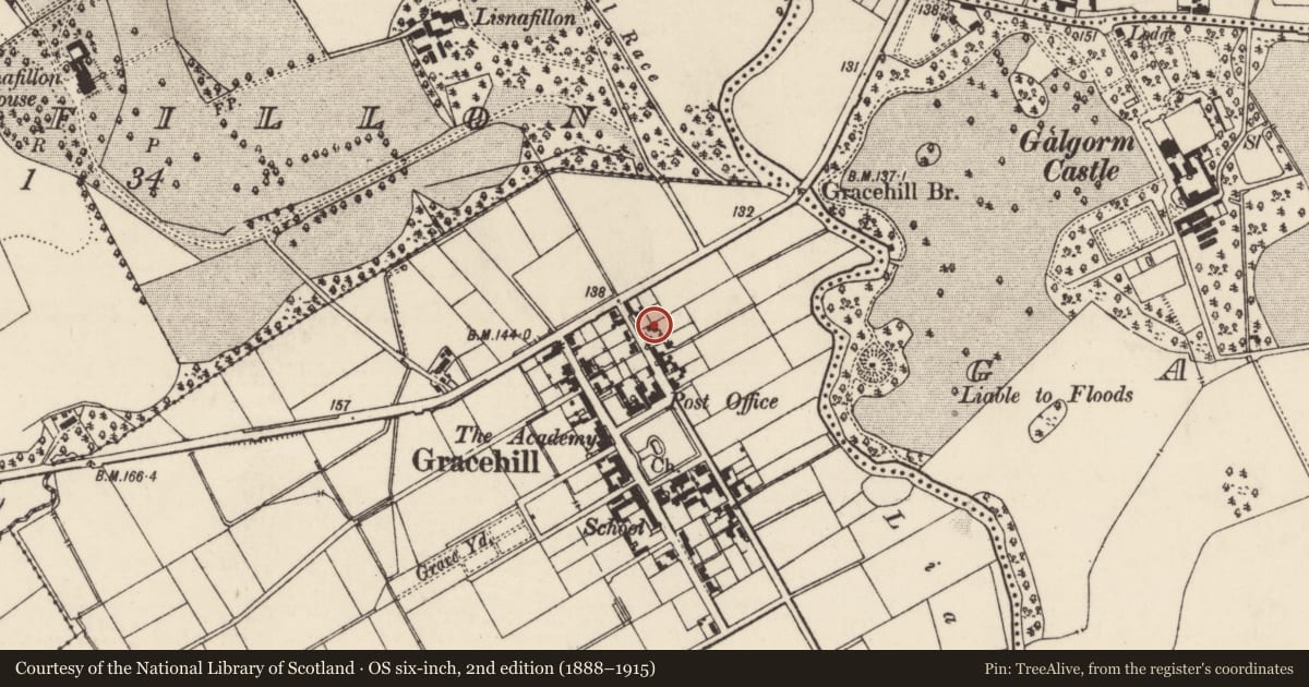 Ordnance Survey six-inch map, 2nd edition (1888–1915) covering the location of 10-12 Cennick Road, Mid and East Antrim, with a pin at the register's coordinates