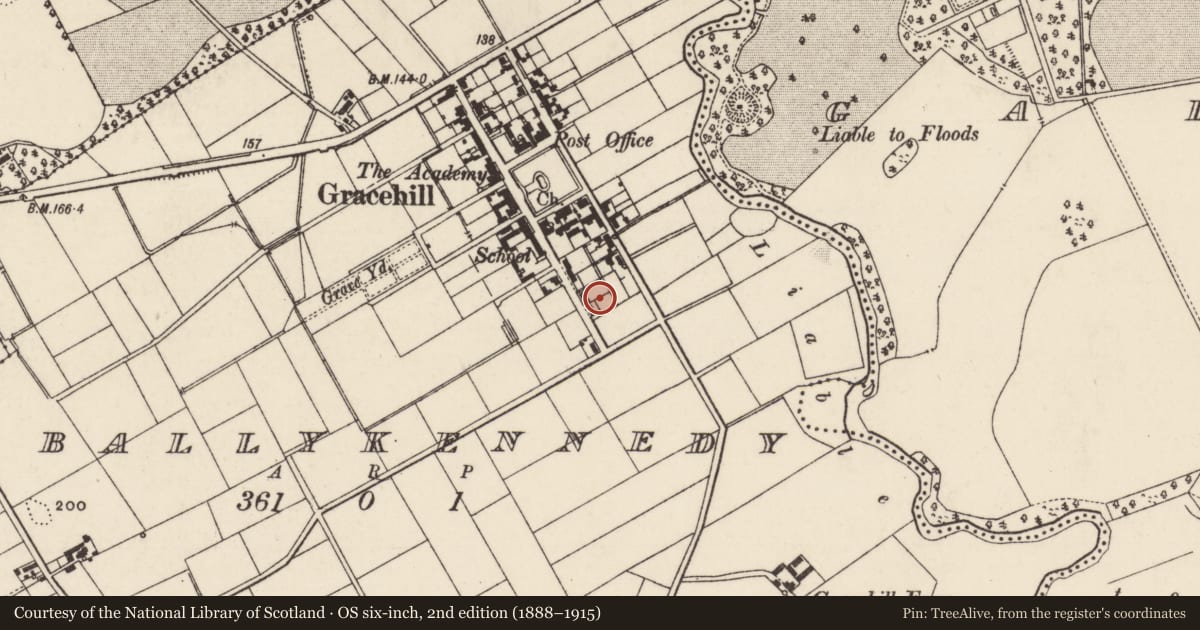 Ordnance Survey six-inch map, 2nd edition (1888–1915) covering the location of 50 Church Road, Mid and East Antrim, with a pin at the register's coordinates