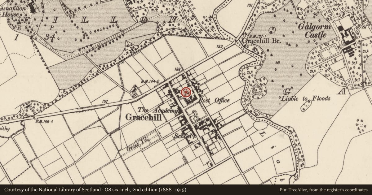 Ordnance Survey six-inch map, 2nd edition (1888–1915) covering the location of 12 Church Road, Mid and East Antrim, with a pin at the register's coordinates
