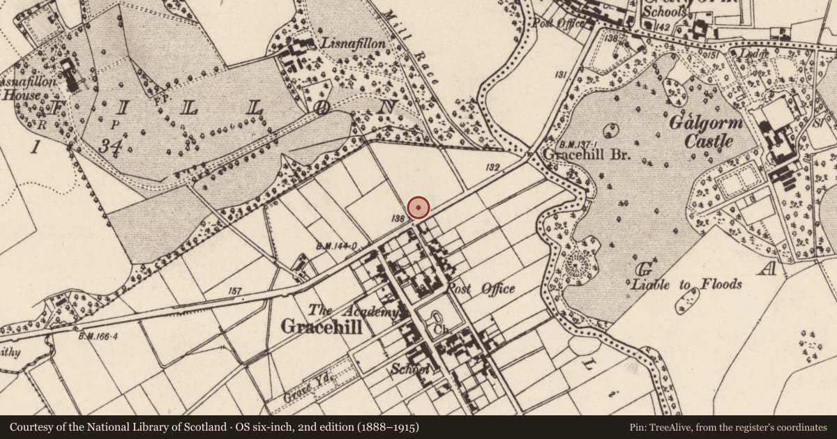 Ordnance Survey six-inch map, 2nd edition (1888–1915) covering the location of Telephone Kiosk, Mid and East Antrim, with a pin at the register's coordinates