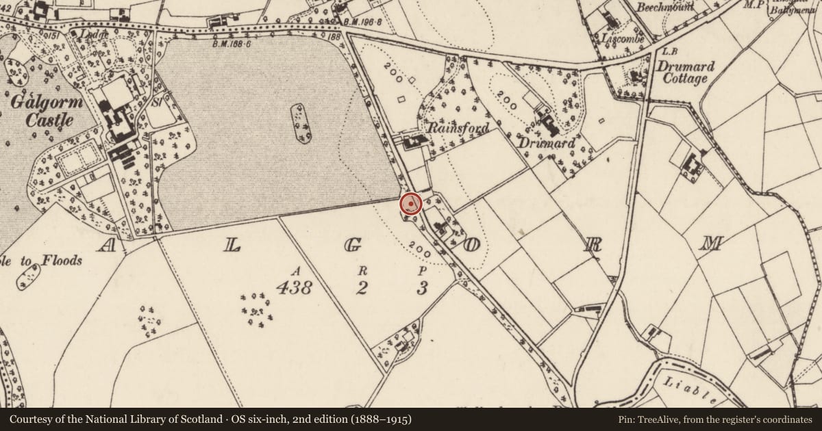 Ordnance Survey six-inch map, 2nd edition (1888–1915) covering the location of 21 Sourhill Road, Mid and East Antrim, with a pin at the register's coordinates