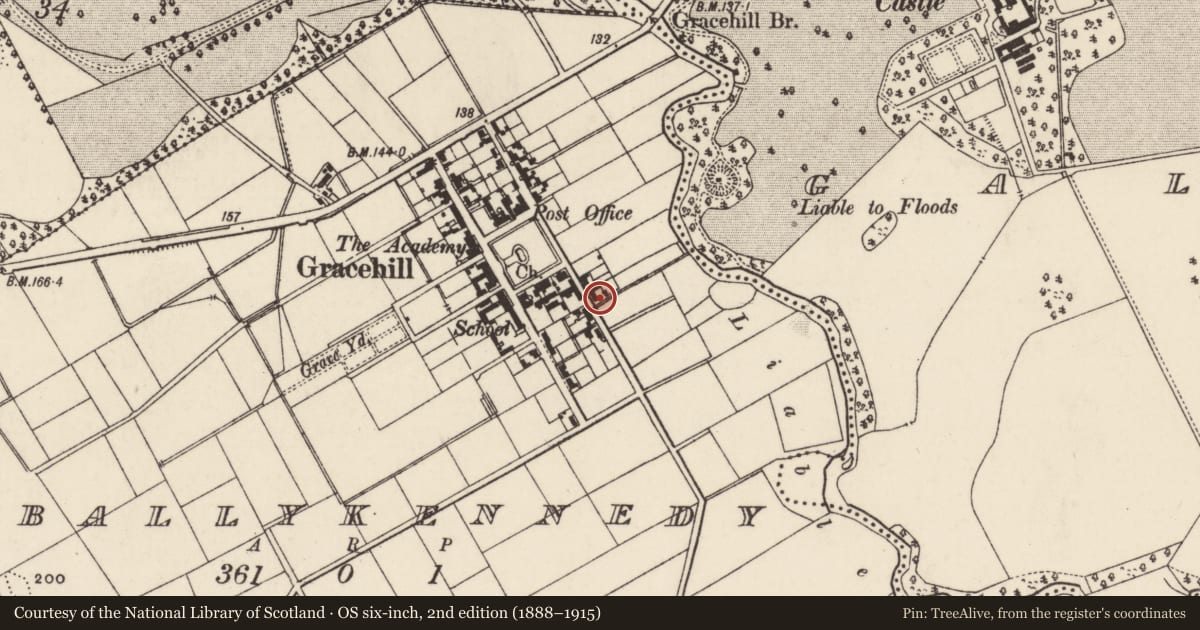 Ordnance Survey six-inch map, 2nd edition (1888–1915) covering the location of Pump opposite 41 Cennick Road, Mid and East Antrim, with a pin at the register's coordinates