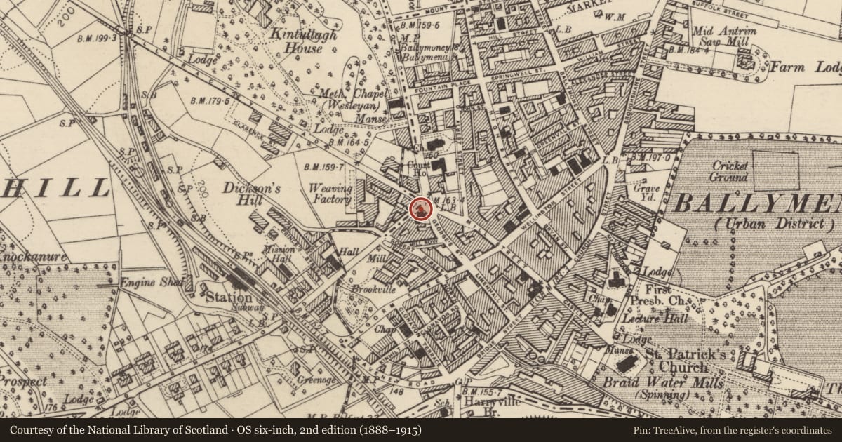 Ordnance Survey six-inch map, 2nd edition (1888–1915) covering the location of The Pentagon, Mid and East Antrim, with a pin at the register's coordinates