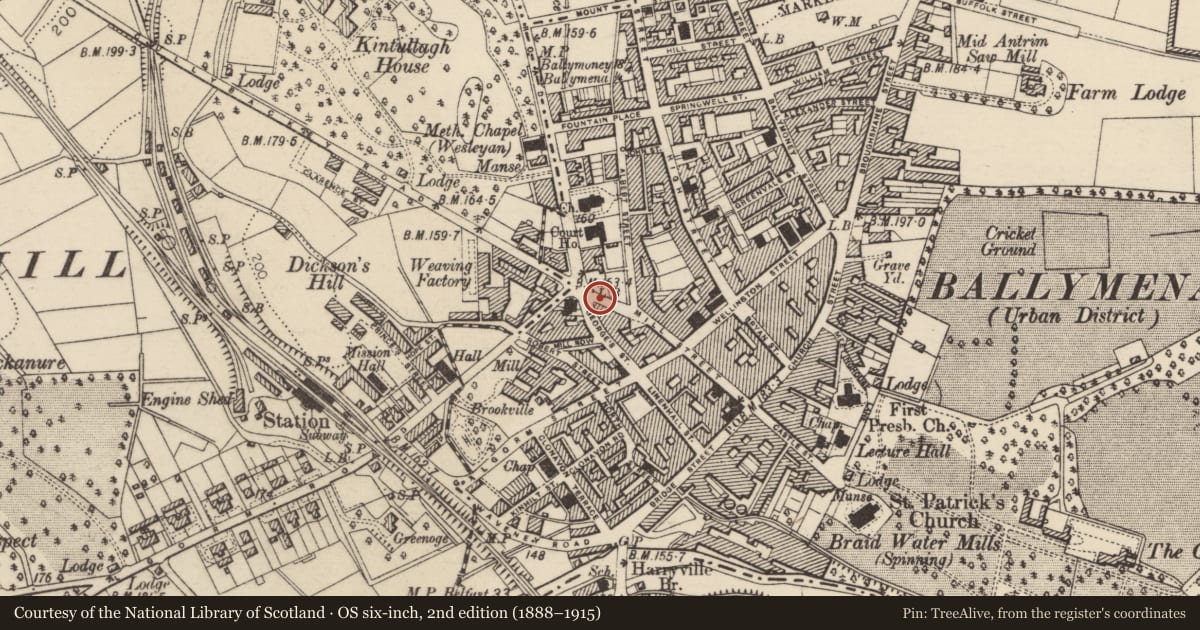 Ordnance Survey six-inch map, 2nd edition (1888–1915) covering the location of The Pentagon, Mid and East Antrim, with a pin at the register's coordinates