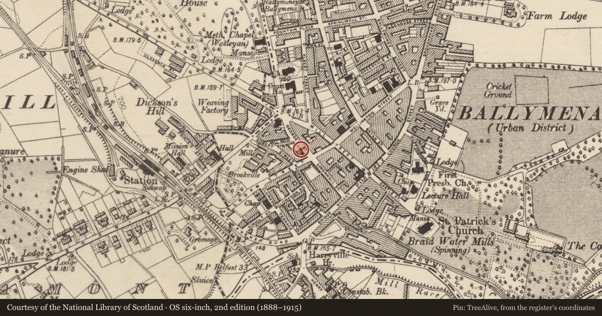 Ordnance Survey six-inch map, 2nd edition (1888–1915) covering the location of 2-14 George St., Mid and East Antrim, with a pin at the register's coordinates