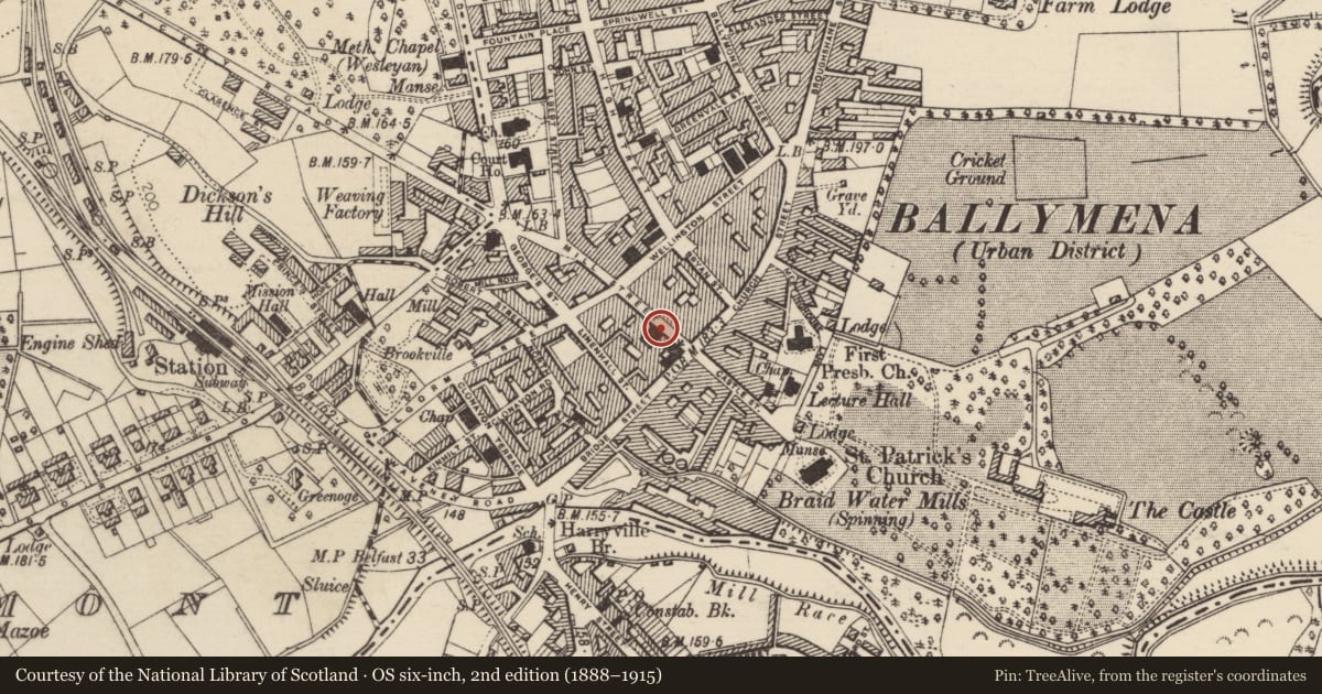 Ordnance Survey six-inch map, 2nd edition (1888–1915) covering the location of 6-8 Mill Street, Ballymena, Mid and East Antrim, with a pin at the register's coordinates